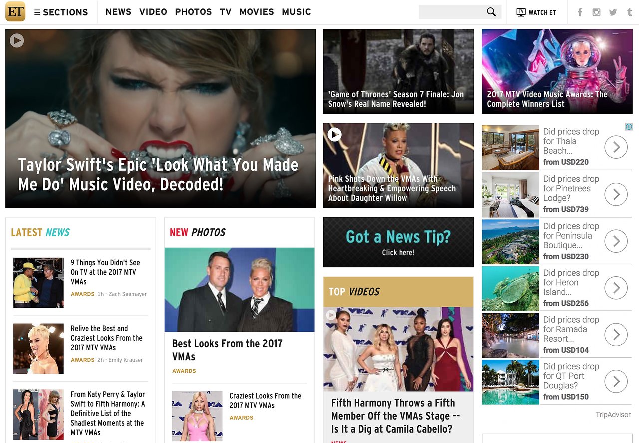 A news website homepage featuring celebrity entertainment stories, including Taylor Swift's music video, VMAs highlights, and TV show updates.