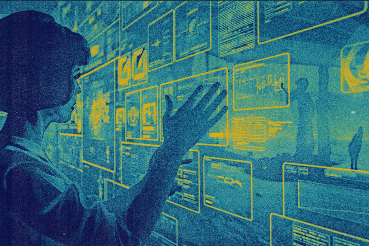 A person interacting with a futuristic holographic display with graphs and interface components.
