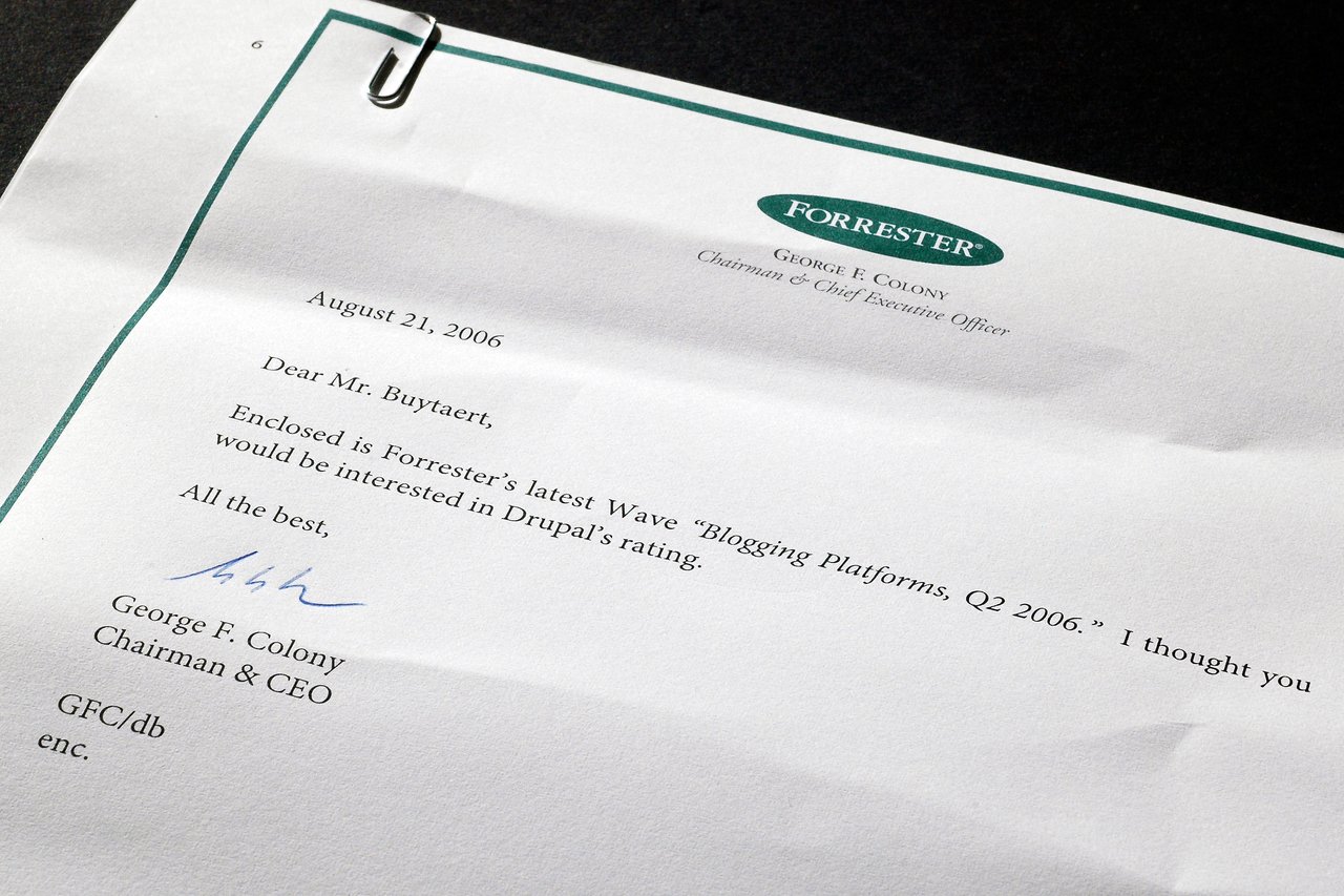 A signed letter from Forrester's CEO sharing a 2006 report on Drupal's rating in blogging platforms.