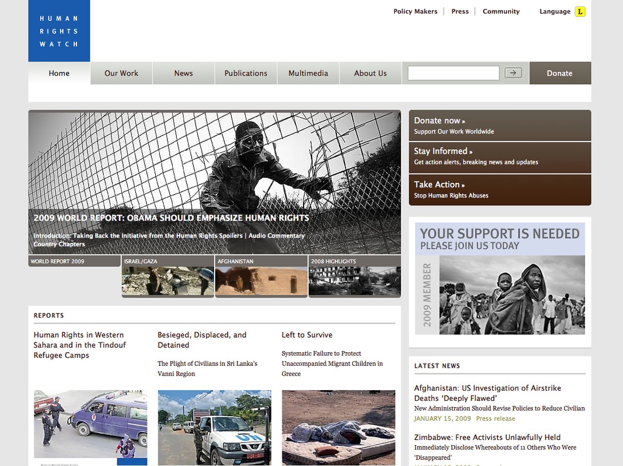 Human Rights Watch webpage displaying reports, news, and donation options to support global human rights and justice efforts.