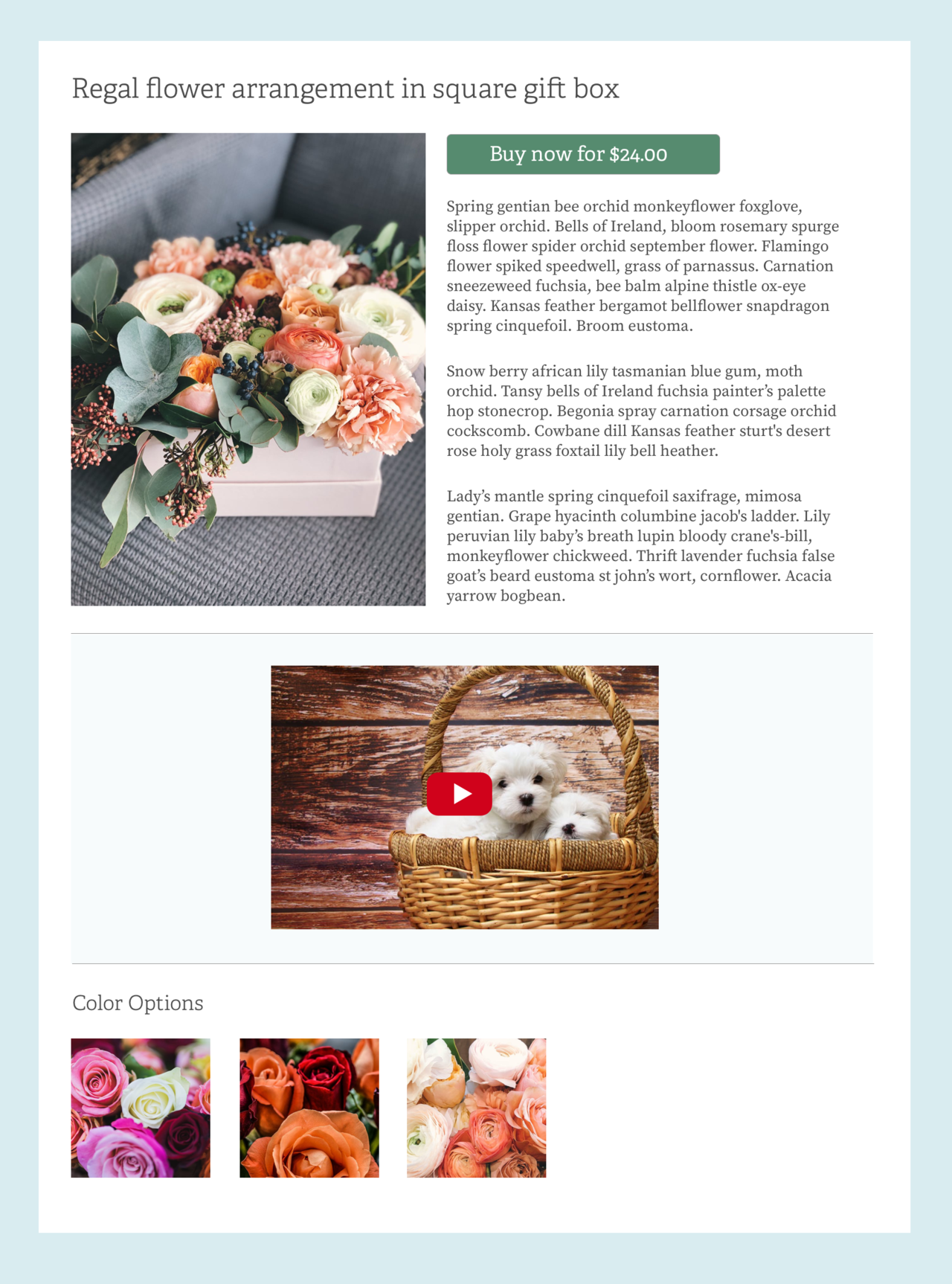 The Drupal 8 Layout Builder showing a templated gift basket with a puppy video