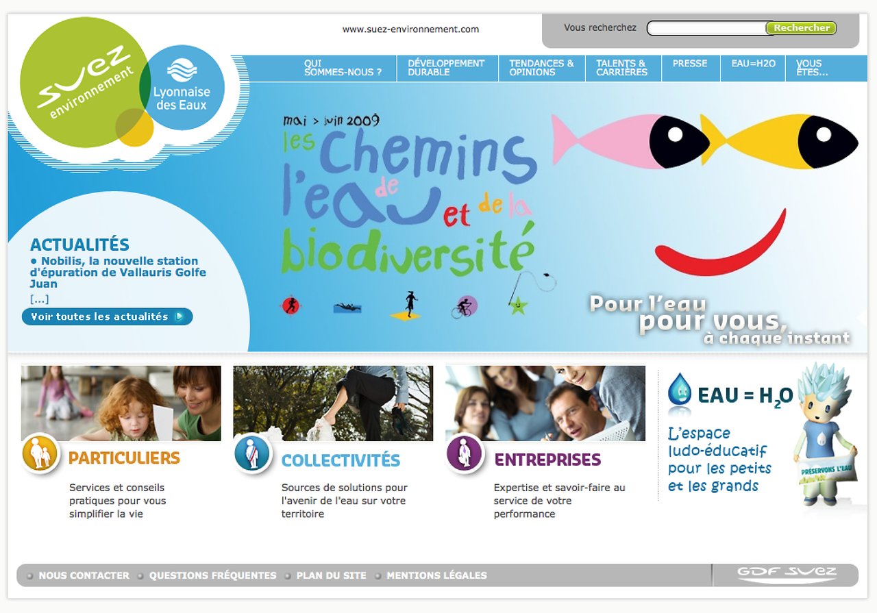 A webpage for Lyonnaise des Eaux featuring water conservation, biodiversity, and services for individuals, communities, and businesses.