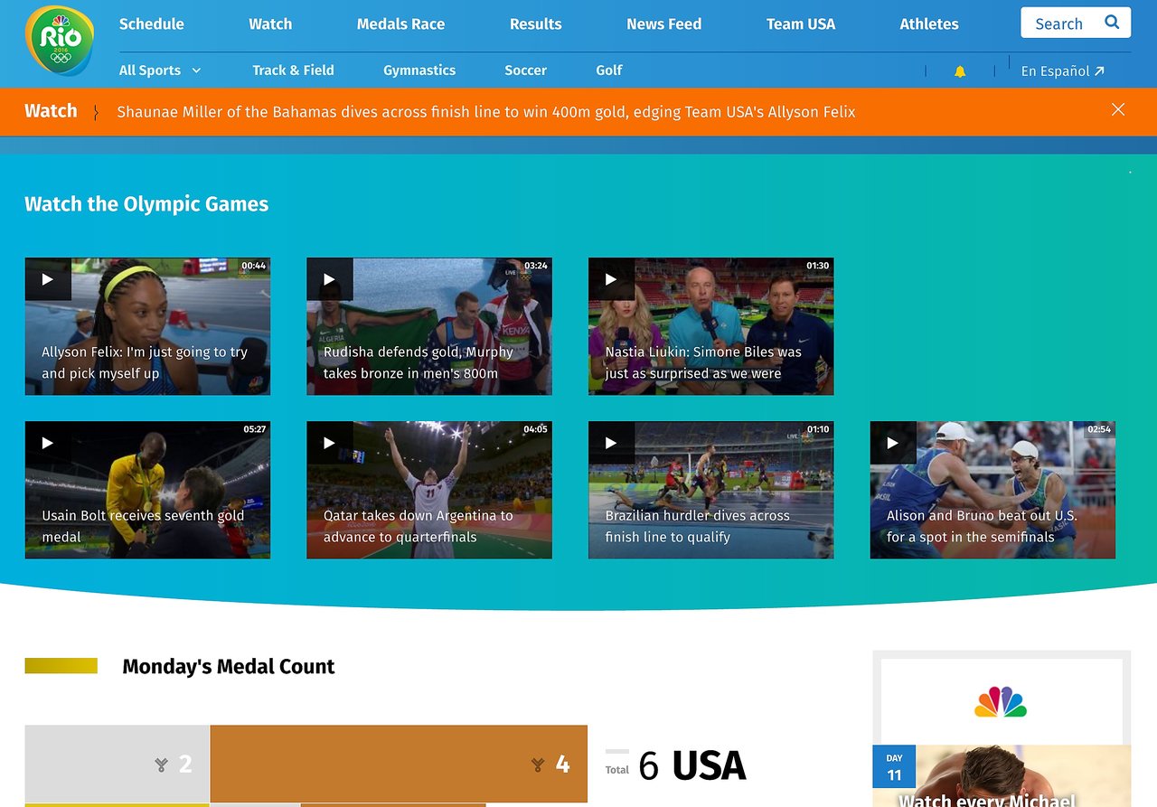 Rio Olympics website showing videos of events, athlete interviews, and medal counts, with a highlighted race result at the top.