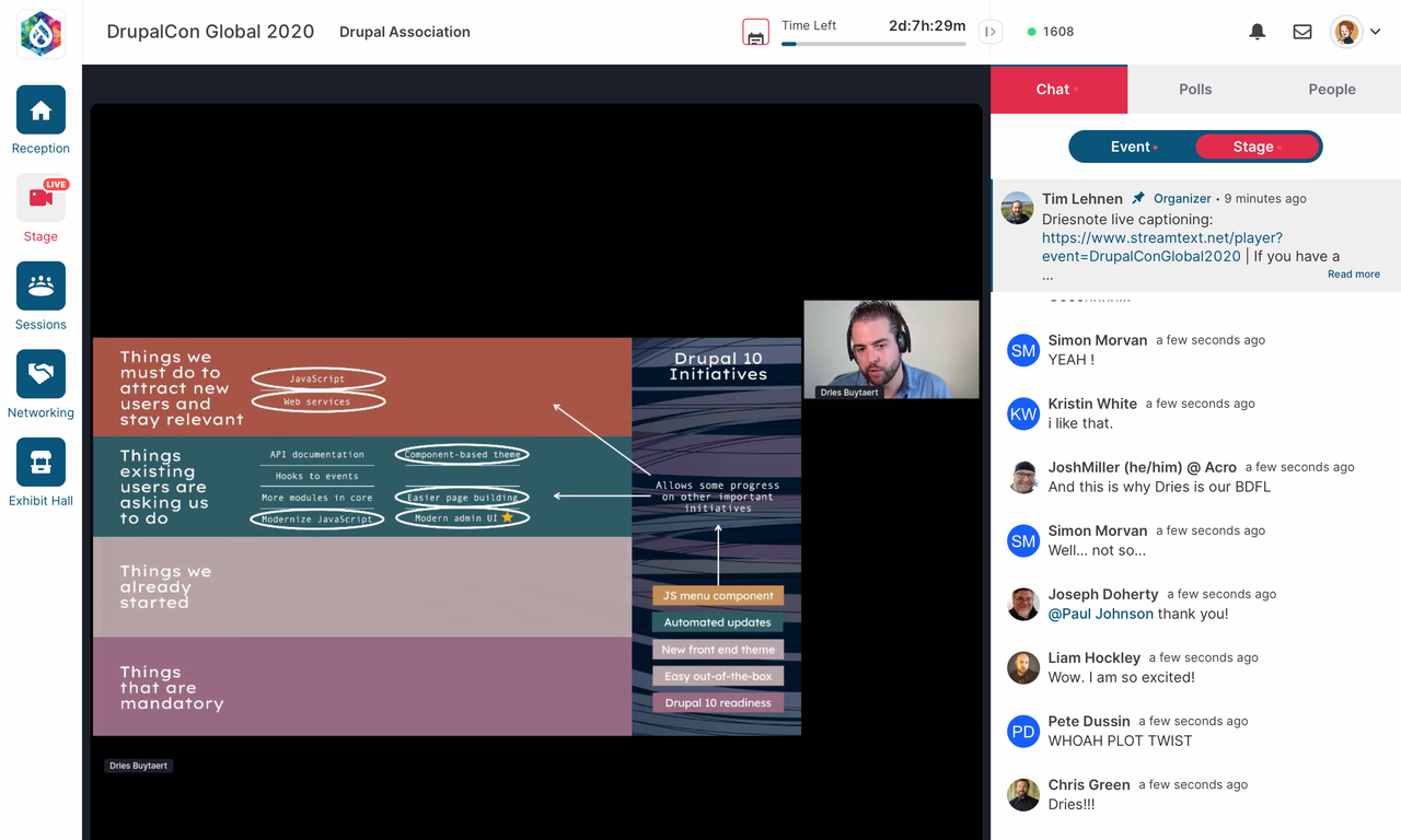 The online conference web application showing my slides, my webcam, and real-time chat.