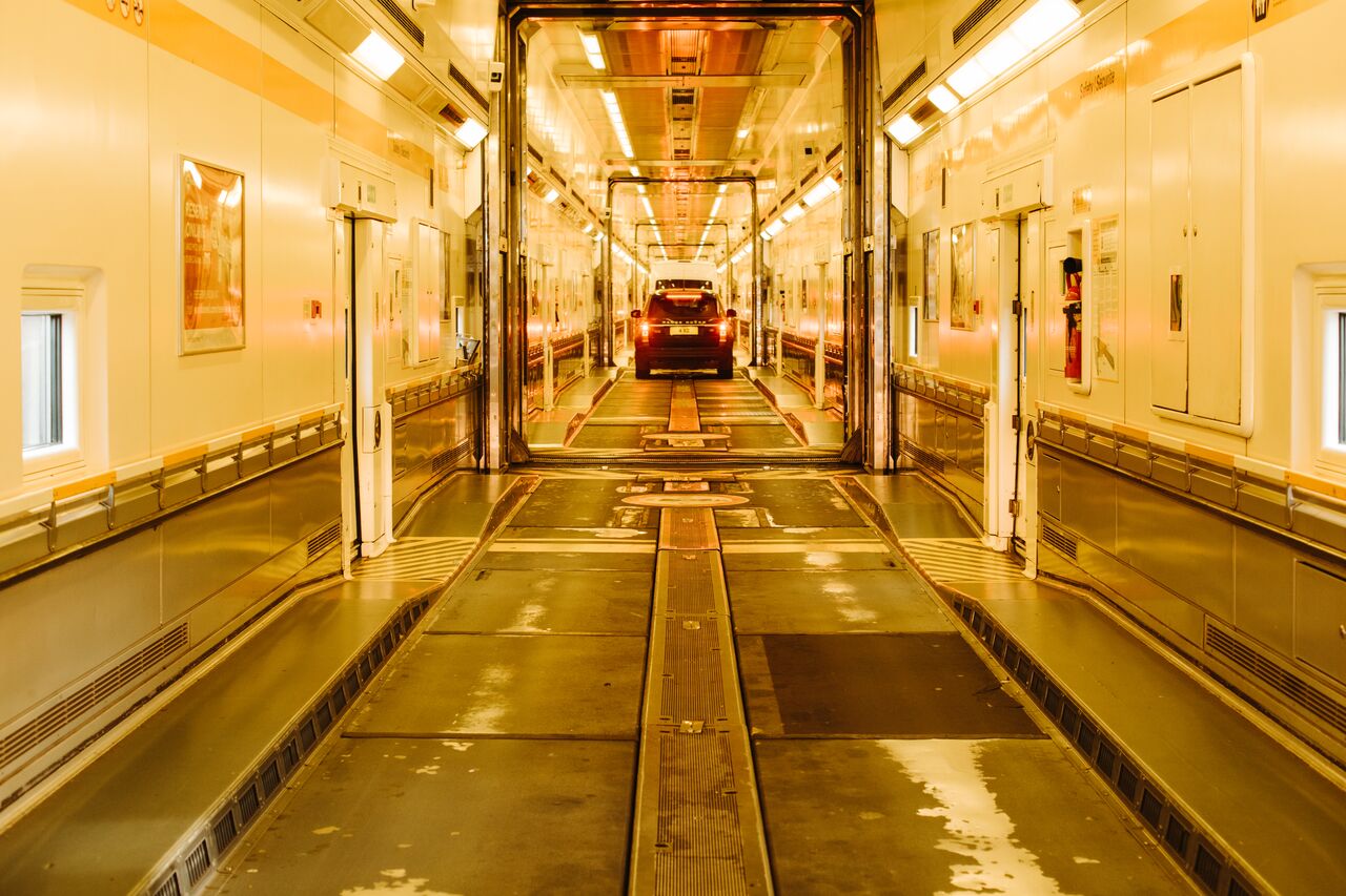 Inside the car train from Calais to Folkestone.