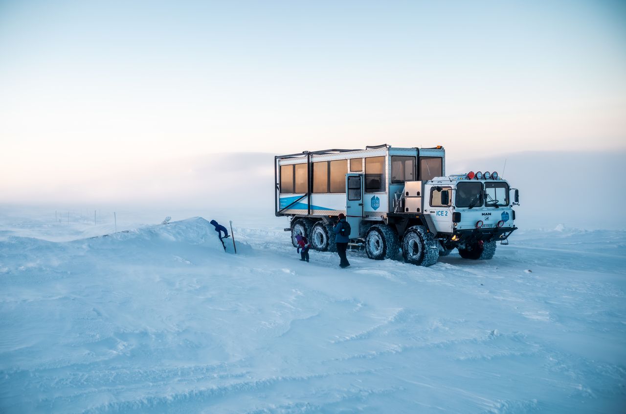 A converted German missile launcher in front of the entrance of the glacier.