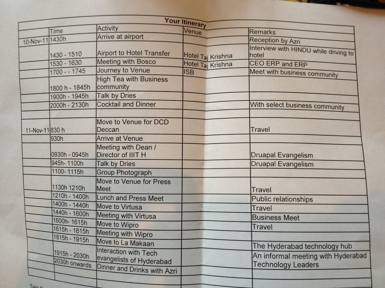 A printed itinerary listing scheduled meetings, talks, and events for a trip to India in November 2011.