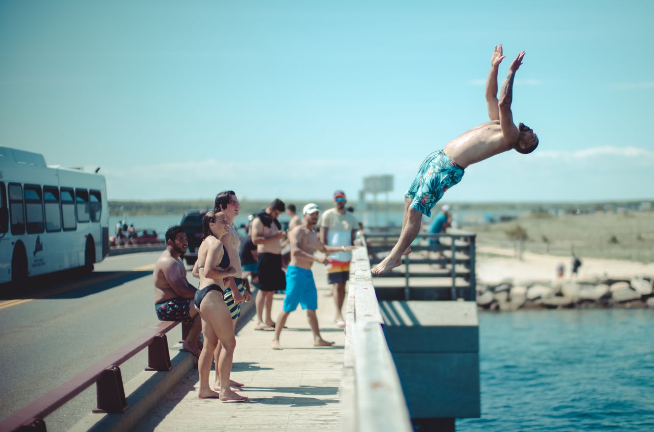 A person jumping off the Jaws Bridge on Martha's Vineyard