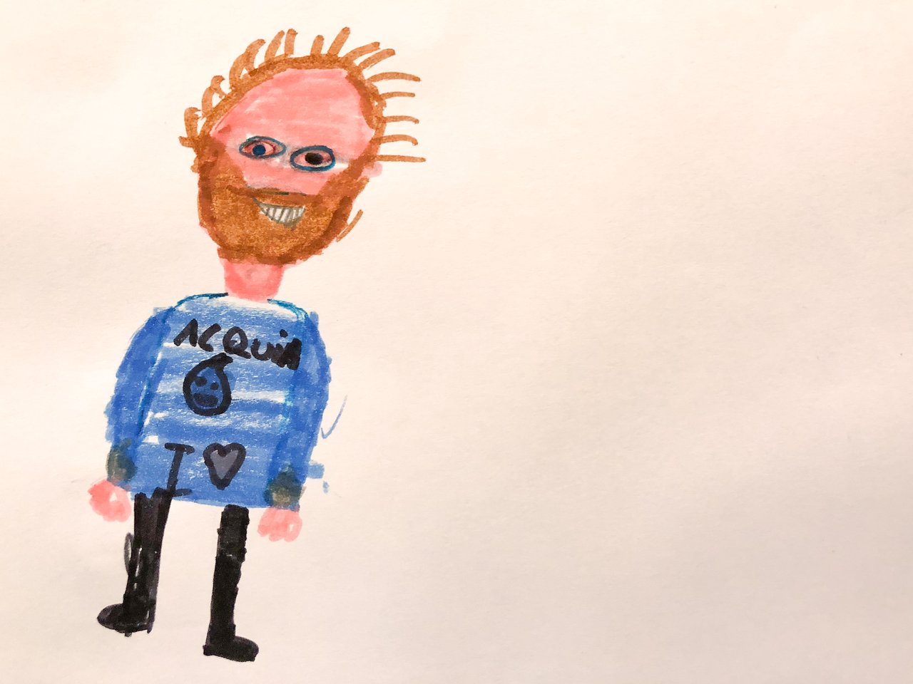 A child's drawing of a bearded man with spiky hair, wearing a blue striped shirt with text and symbols.