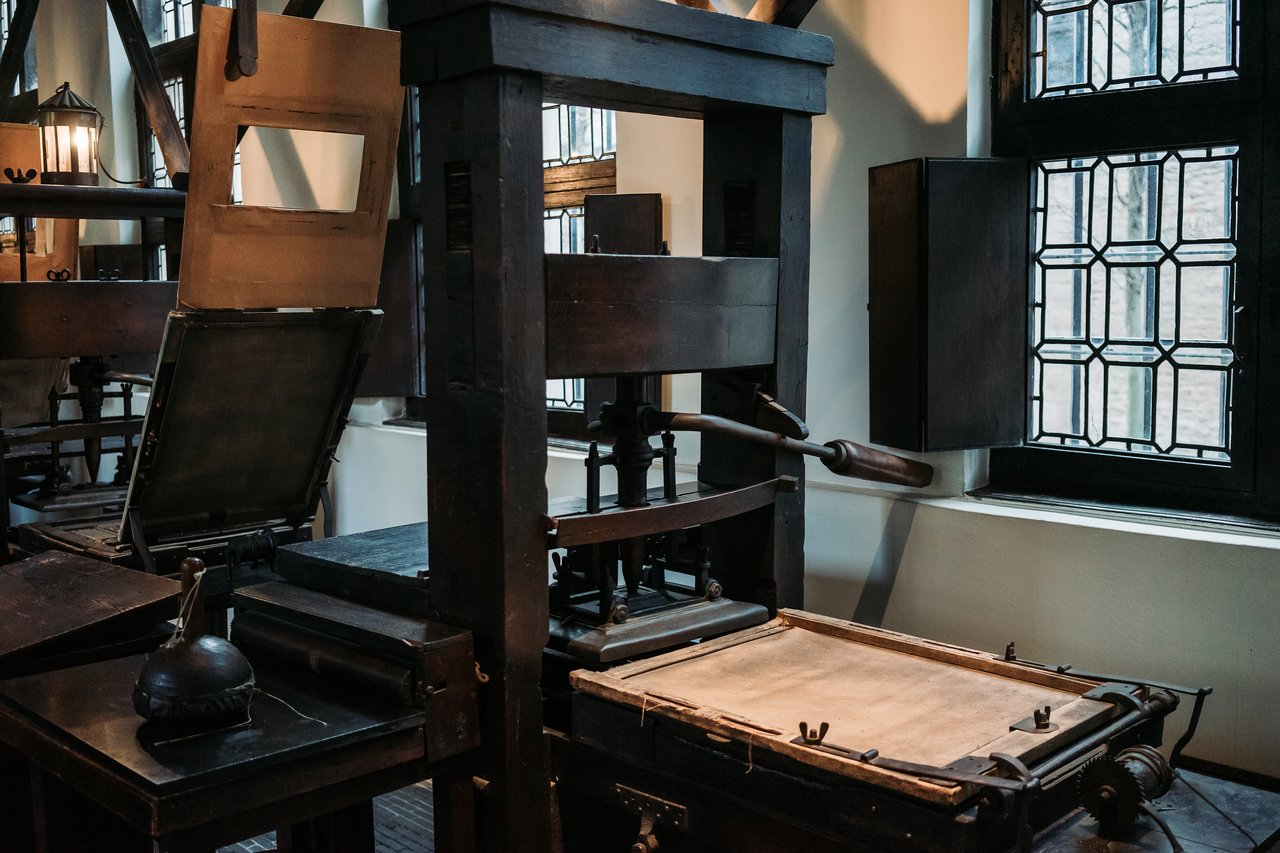 An old printing press at the Plantin Moretus Museum