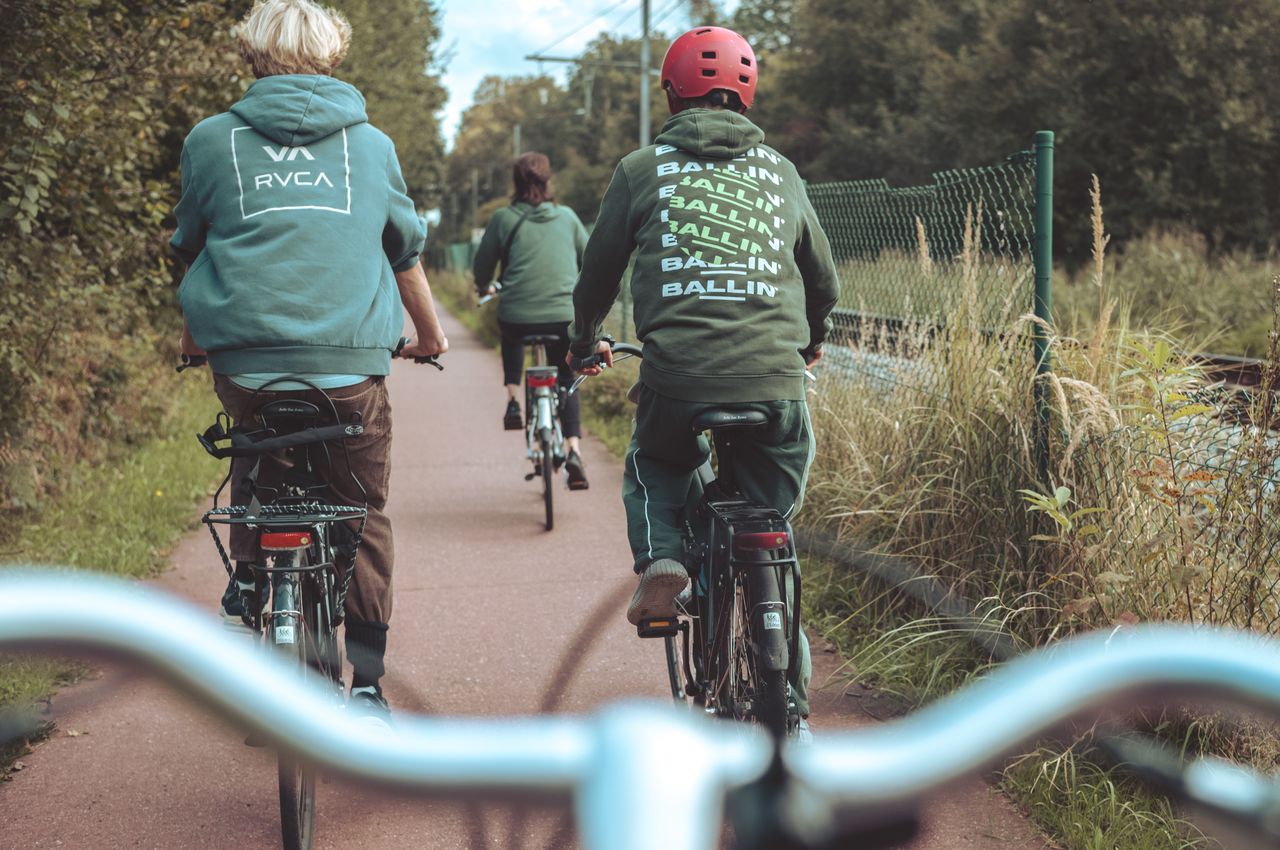 A family biking together.