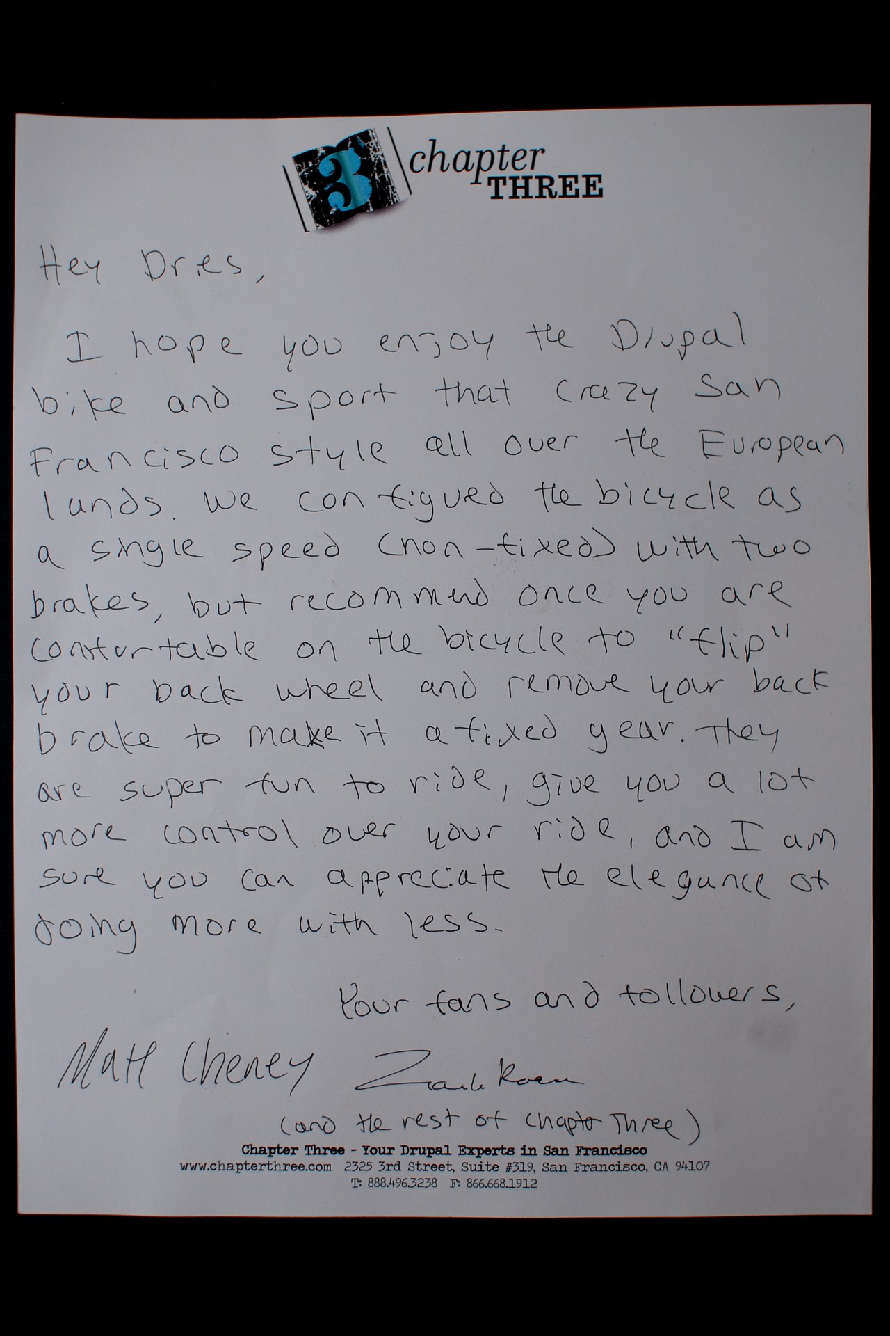 A handwritten letter from Chapter Three discusses a customized Drupal bike and suggests converting it to a fixed gear.