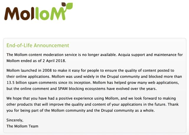 Mollom end of life announcement Mollom end of life announcement