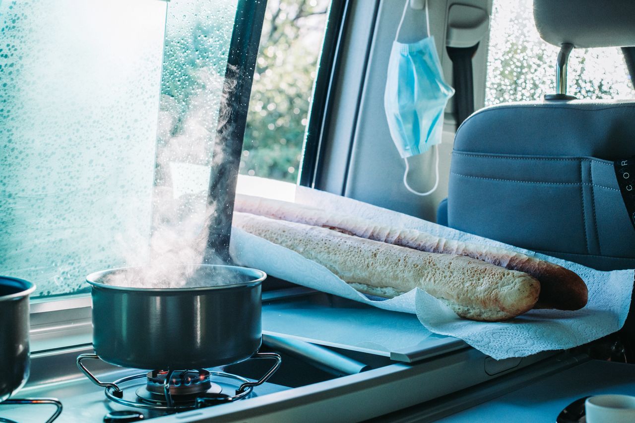 Close-up of breakfast being made in the van