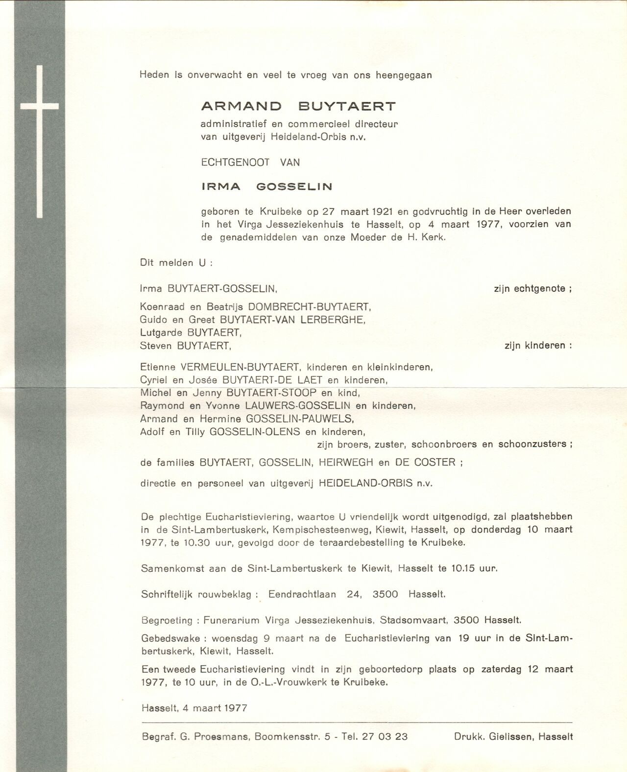 A memorial notice for Armand Buytaert, announcing his passing and details of the funeral service in 1977.