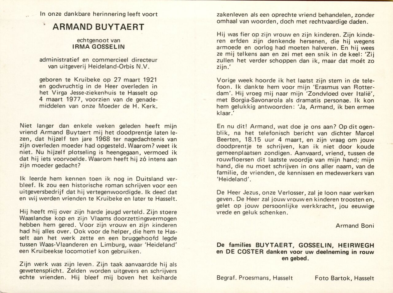 A memorial card for Armand Buytaert, featuring a tribute, biographical details, and a message of remembrance from loved ones.