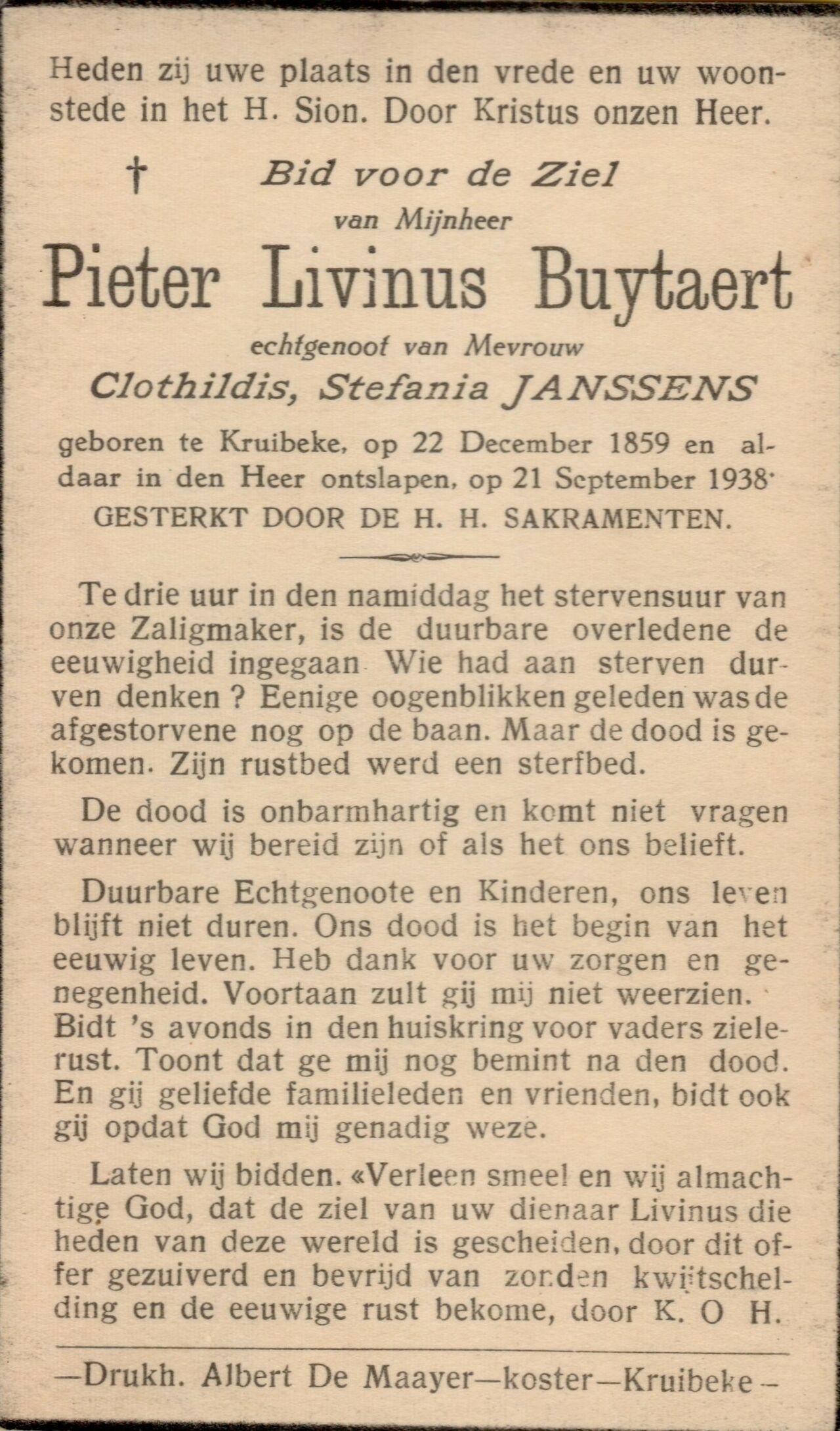 A memorial card for Pieter Livinus Buytaert, including his birth and death dates, a prayer, and a message to family.