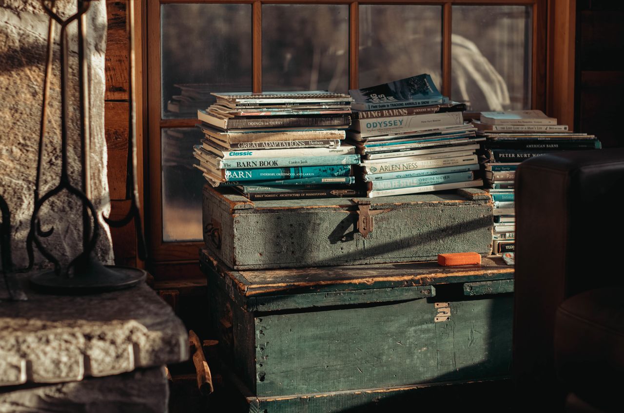 Stacks of books on barns rest on two vintage green trunks near a sunlit window.