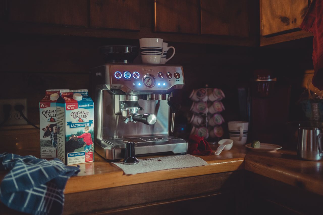 Our espresso machine on the kitchen counter of the rental cabin.