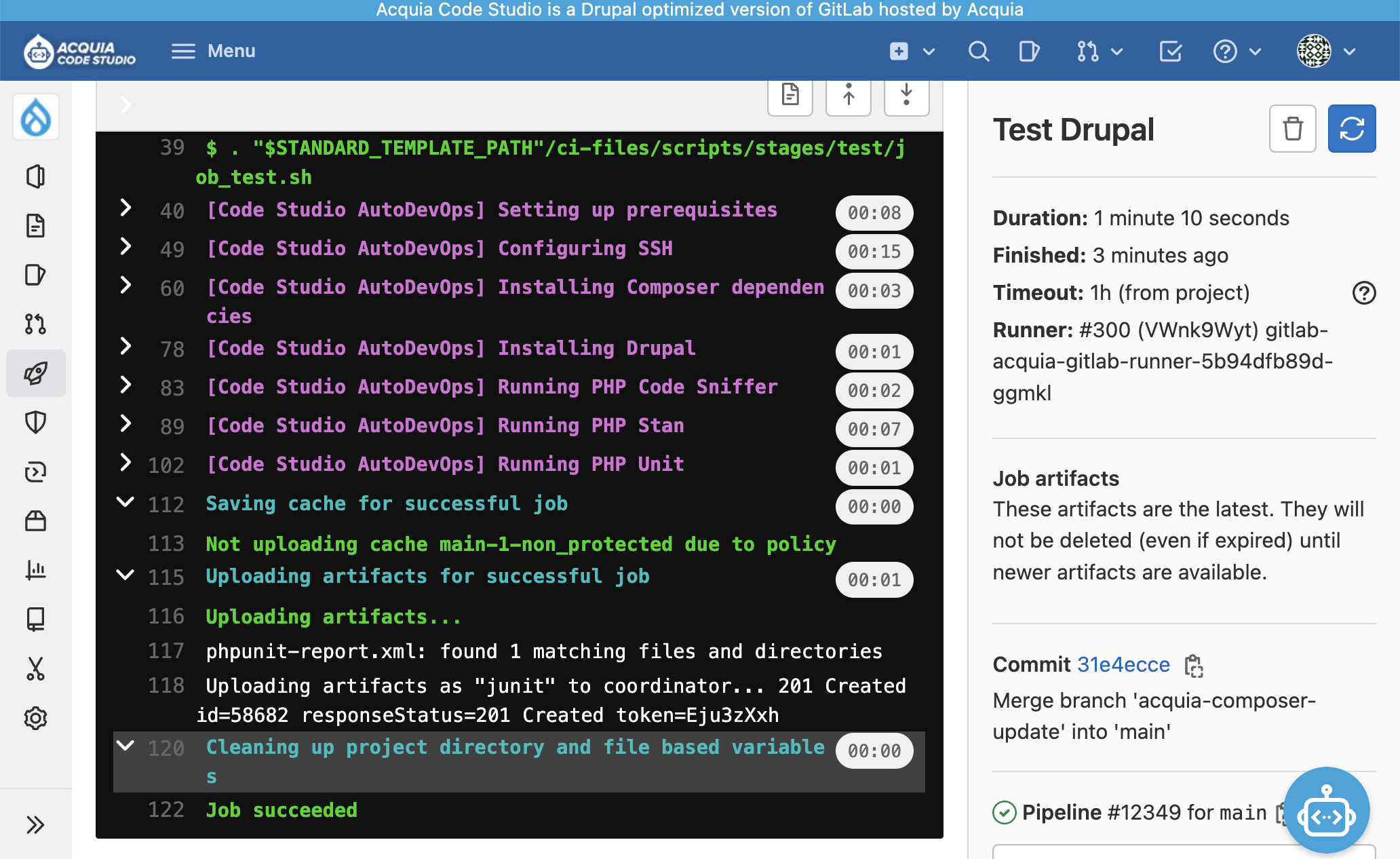 A screenshot of the Acquia Code Studio UI showing some of the automated tests.