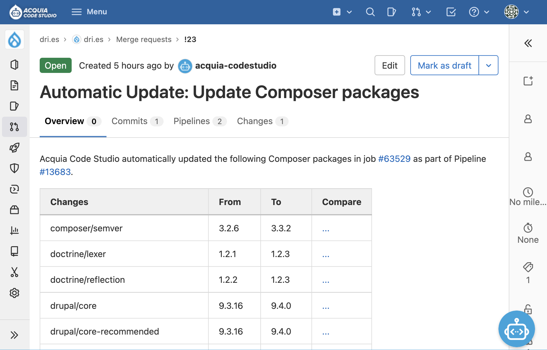 A screenshot of the Acquia Code Studio UI showing that some Composer packages have been updated.