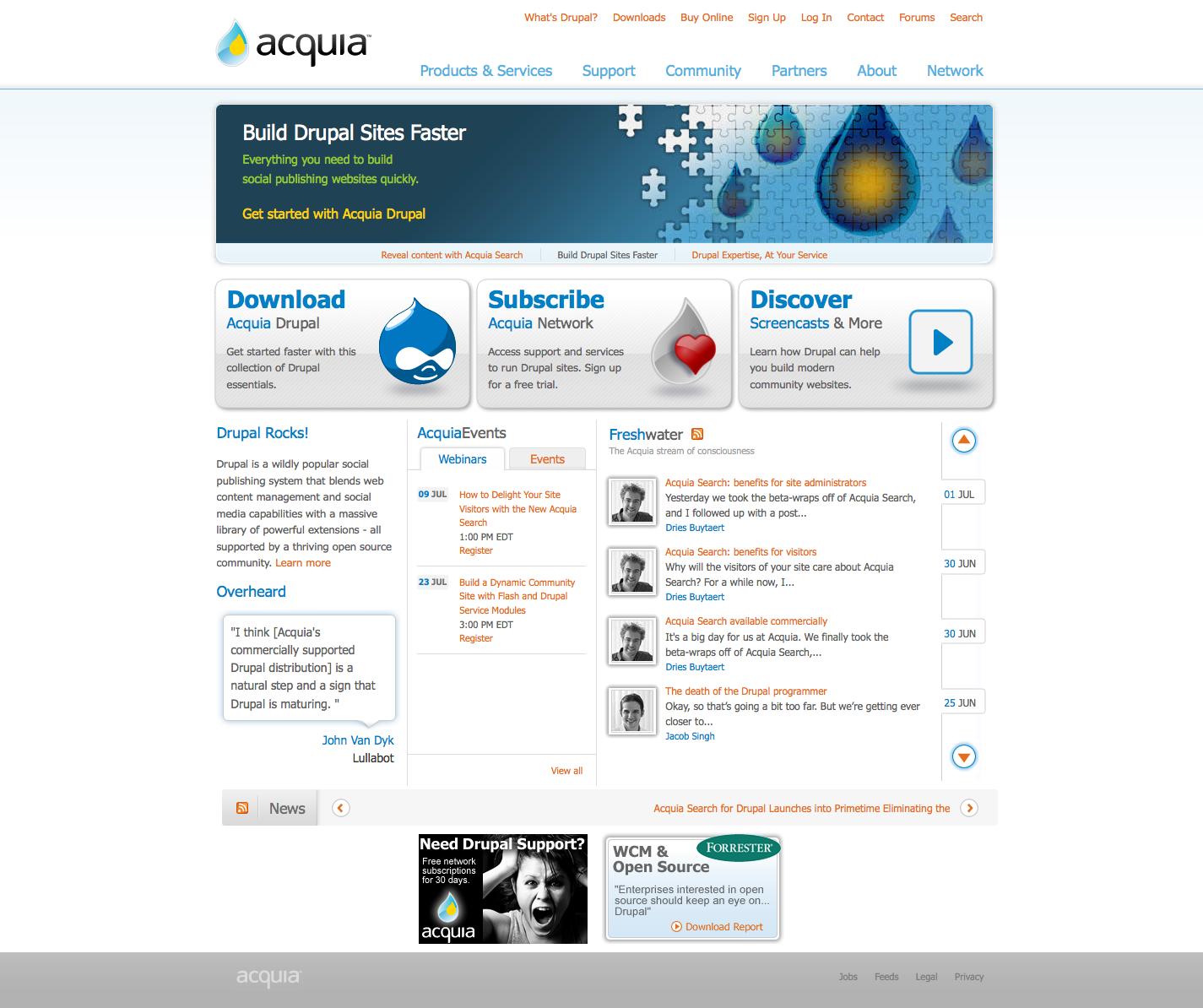 Acquia.com's homepage as captured in July 2009.