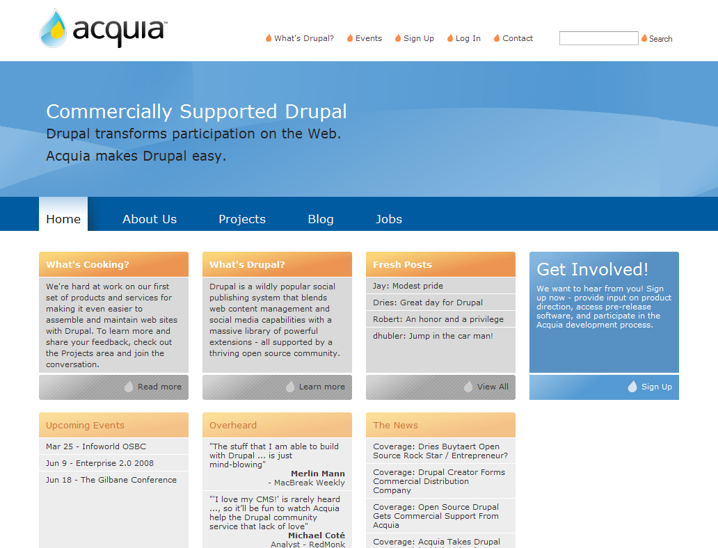 Acquia.com's homepage as captured in March 2008.