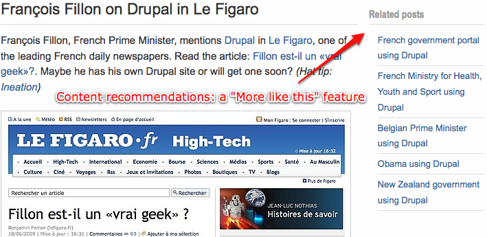 A webpage about Drupal features a "More like this" section recommending related articles on government use of Drupal.