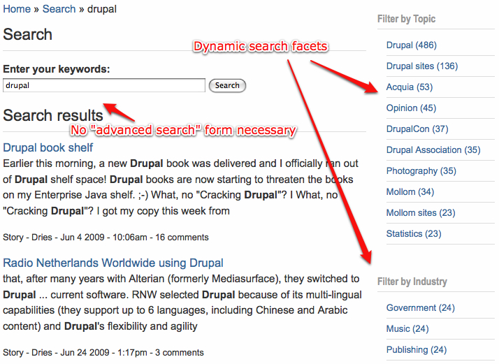 Search results page with dynamic facets for filtering by topic and industry, eliminating the need for an advanced search form.