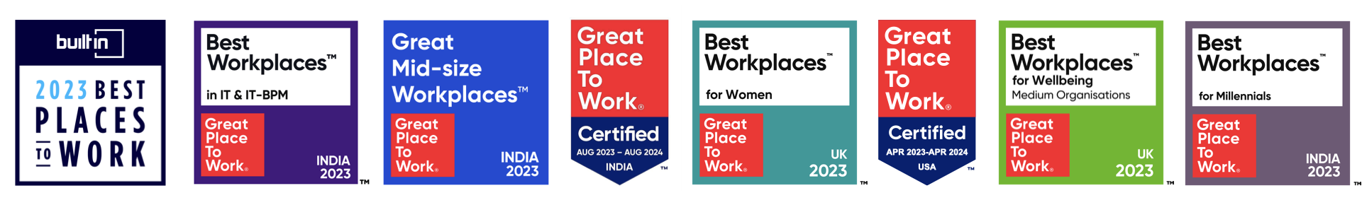 Eight logos in a row with different '2023 Best Places to Work' awards.