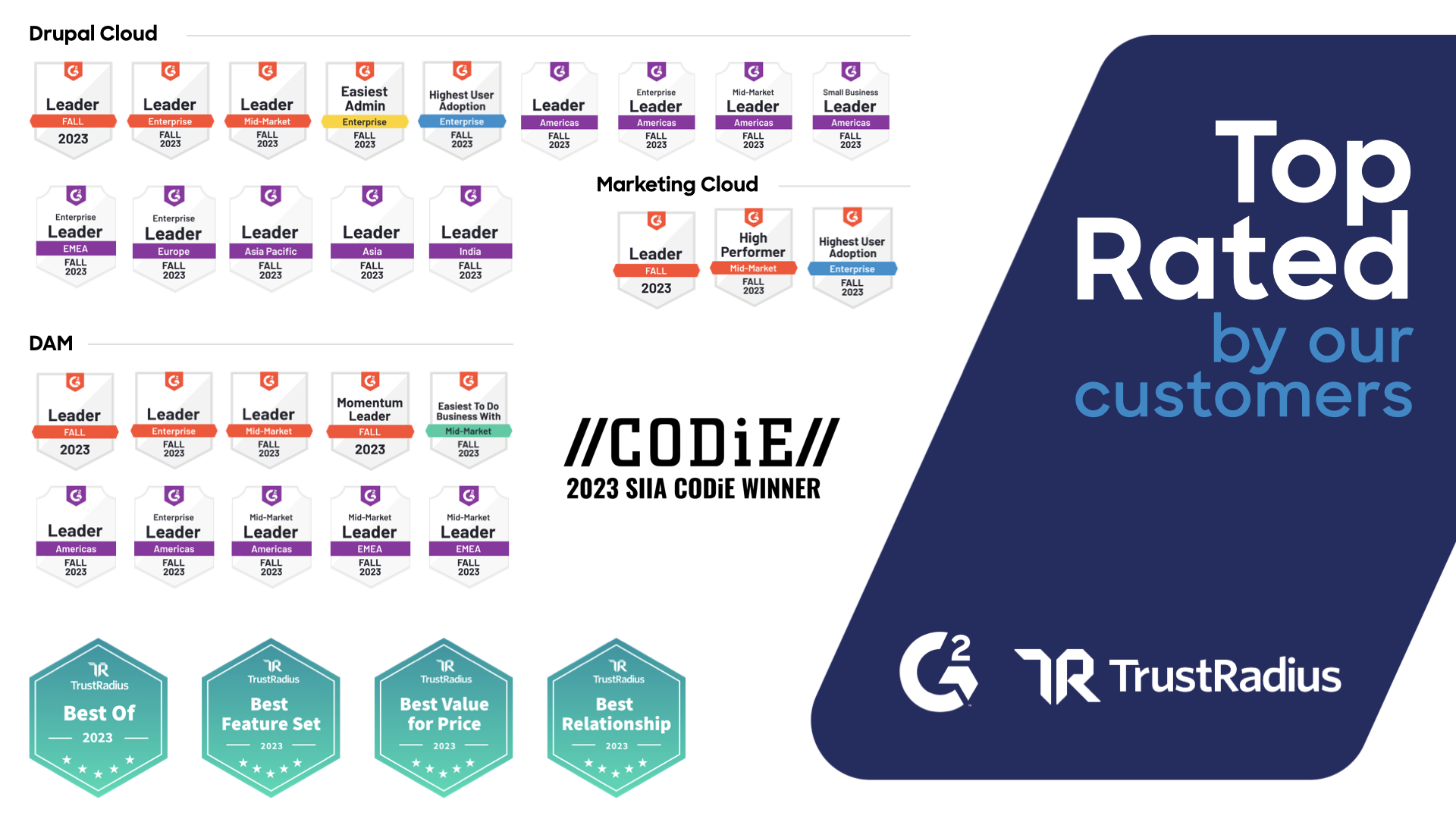 A list of 32 awards across various products for 2023, including 'Leader' and 'High Performer' from G2, 'Best Of,' 'Best Feature Set,' 'Best Value for Price,' and 'Best Relationship' from TrustRadius, and the '2023 SIIA CODiE Winner' recognition, all highlighting top customer ratings.