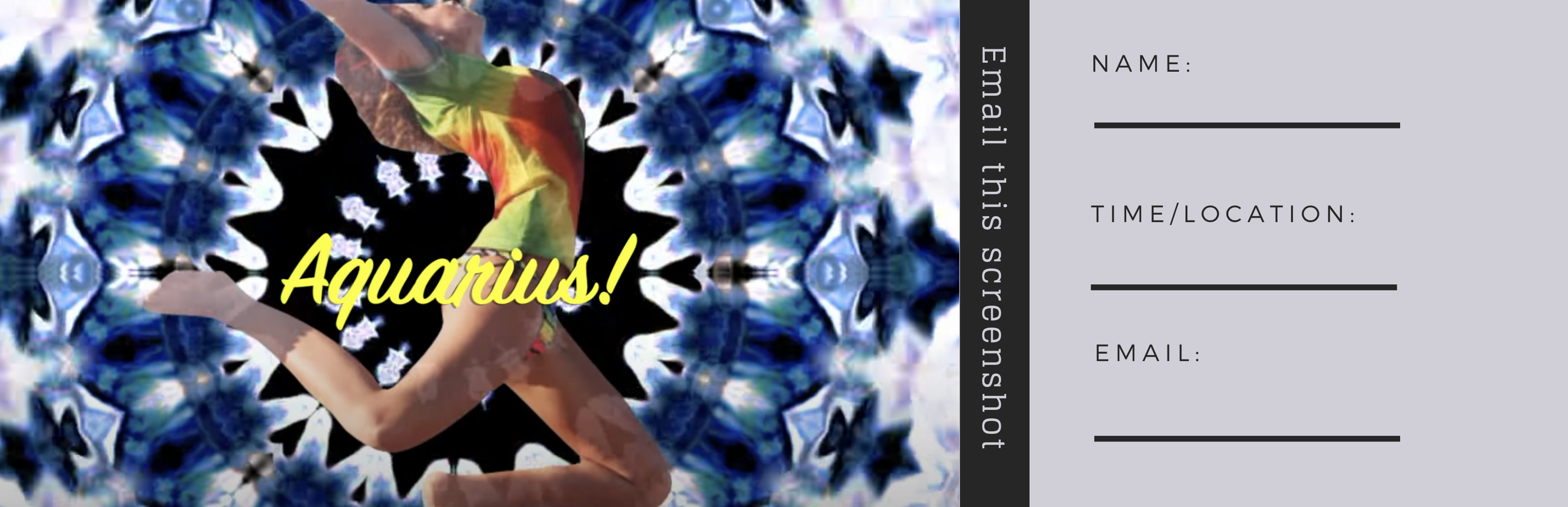 A person in a colorful outfit jumps with "Aquarius!" written in yellow text on a kaleidoscopic background.