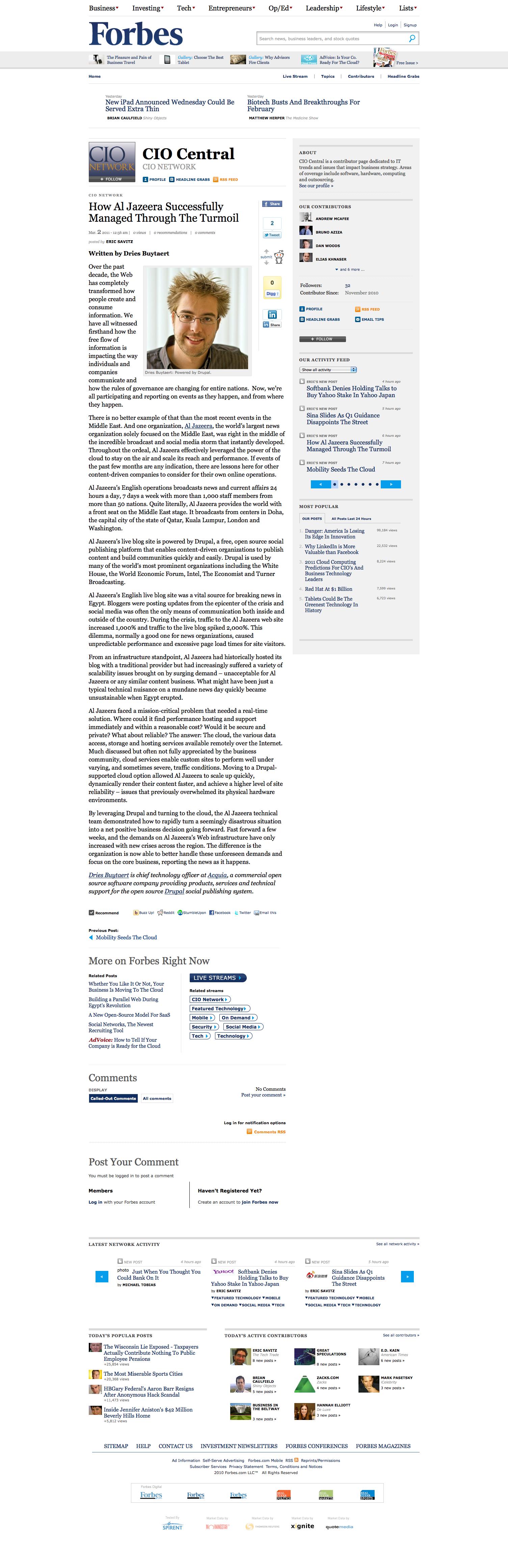 Forbes article on how Al Jazeera managed challenges, featuring a person's photo and related links.