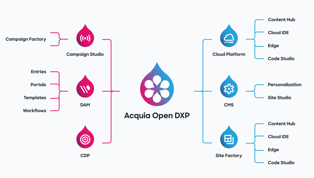 Shown on the left are Acquia's marketing products: Campaign Studio, DAM and CDP. Shown on the right are Acquia's IT products: Cloud Platform, CMS and Site Factory.