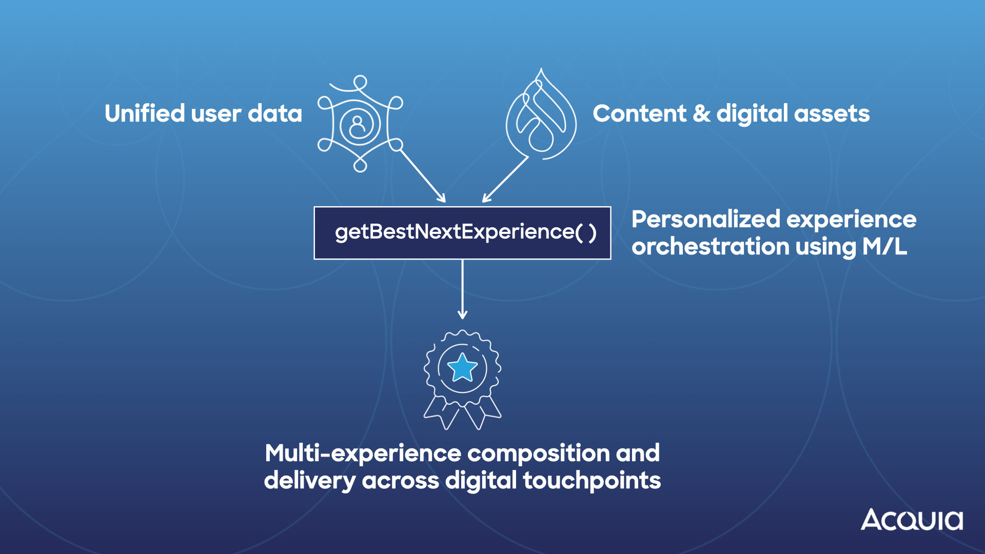 A diagram that shows how user data and content can be used to deliver the best next experience.