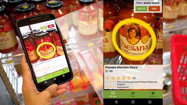 A person scans a jar of pasta sauce with a smartphone, using augmented reality to view product details.