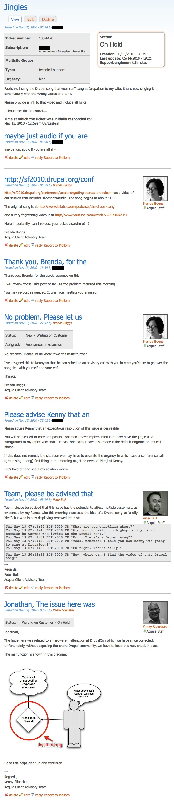 Acquia support ticket titled "Jingles": a customer asks for the Drupal song lyrics, and Client Advisors reply with links, jokes and a mock diagram.
