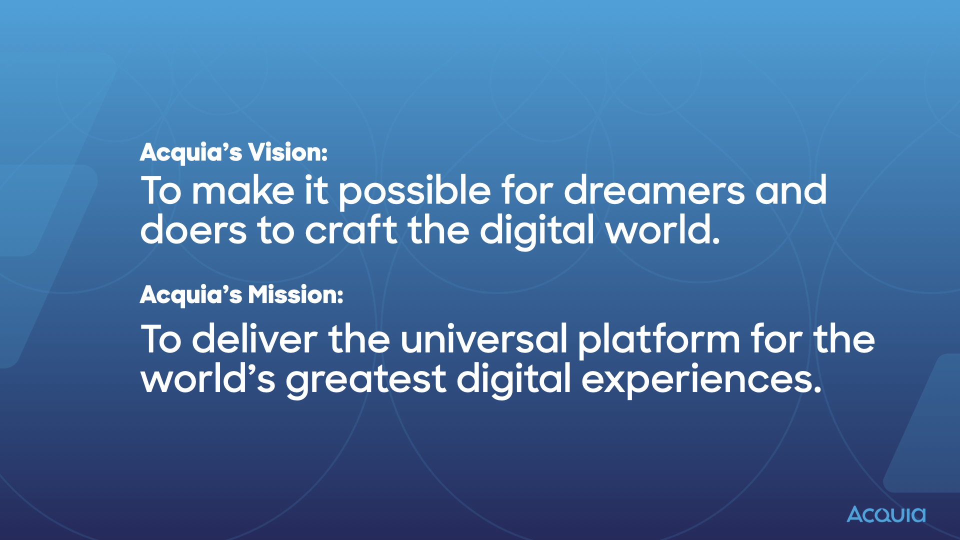 A screenshot of a slide with Acquia's vision and mission statement. Acquia's vision statement reads: "To make it possible for dreamers and doers to craft the digital world." Acquia's mission statement says: "To deliver the universal platform for the world's greatest digital experiences.".