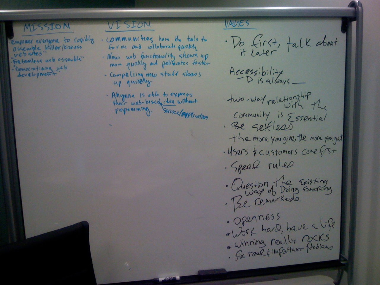 A whiteboard with handwritten notes outlining mission, vision, and values, including accessibility, openness, and customer focus.