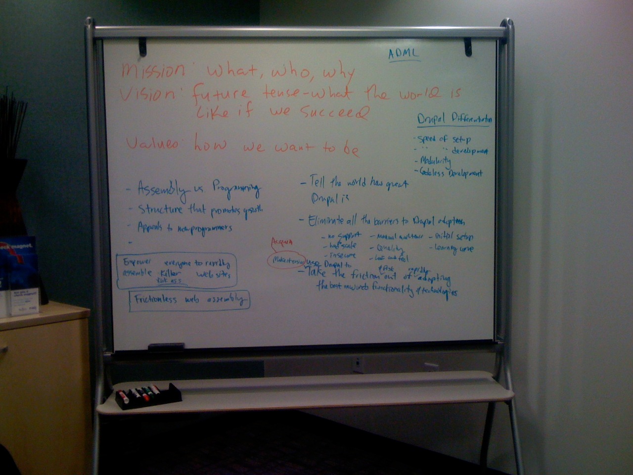 A whiteboard covered with handwritten notes outlining mission, vision, values, and Drupal development strategies.