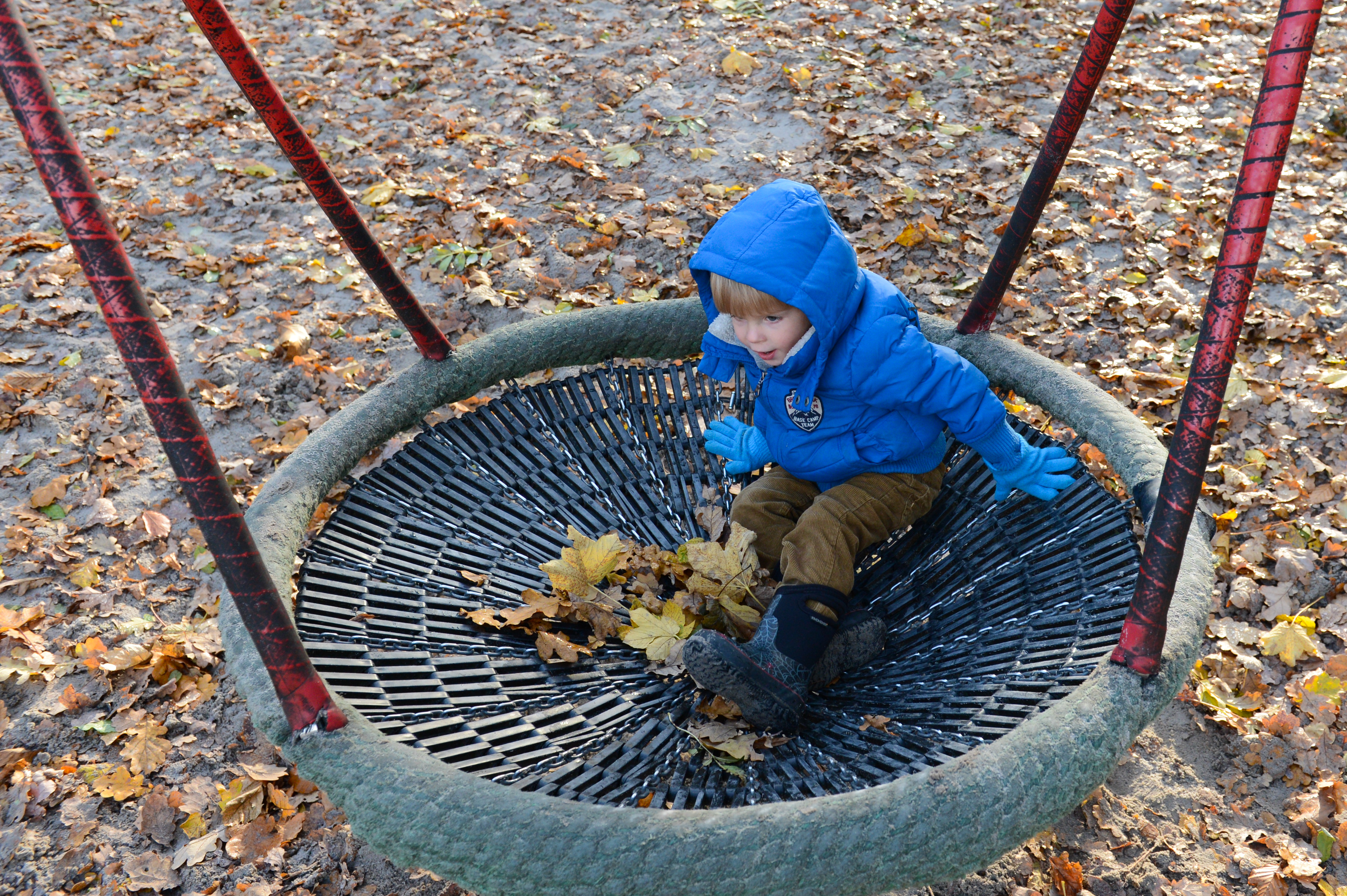 A child in a blue jacket sits on a large swing at a playground, surrounded by fallen autumn leaves.