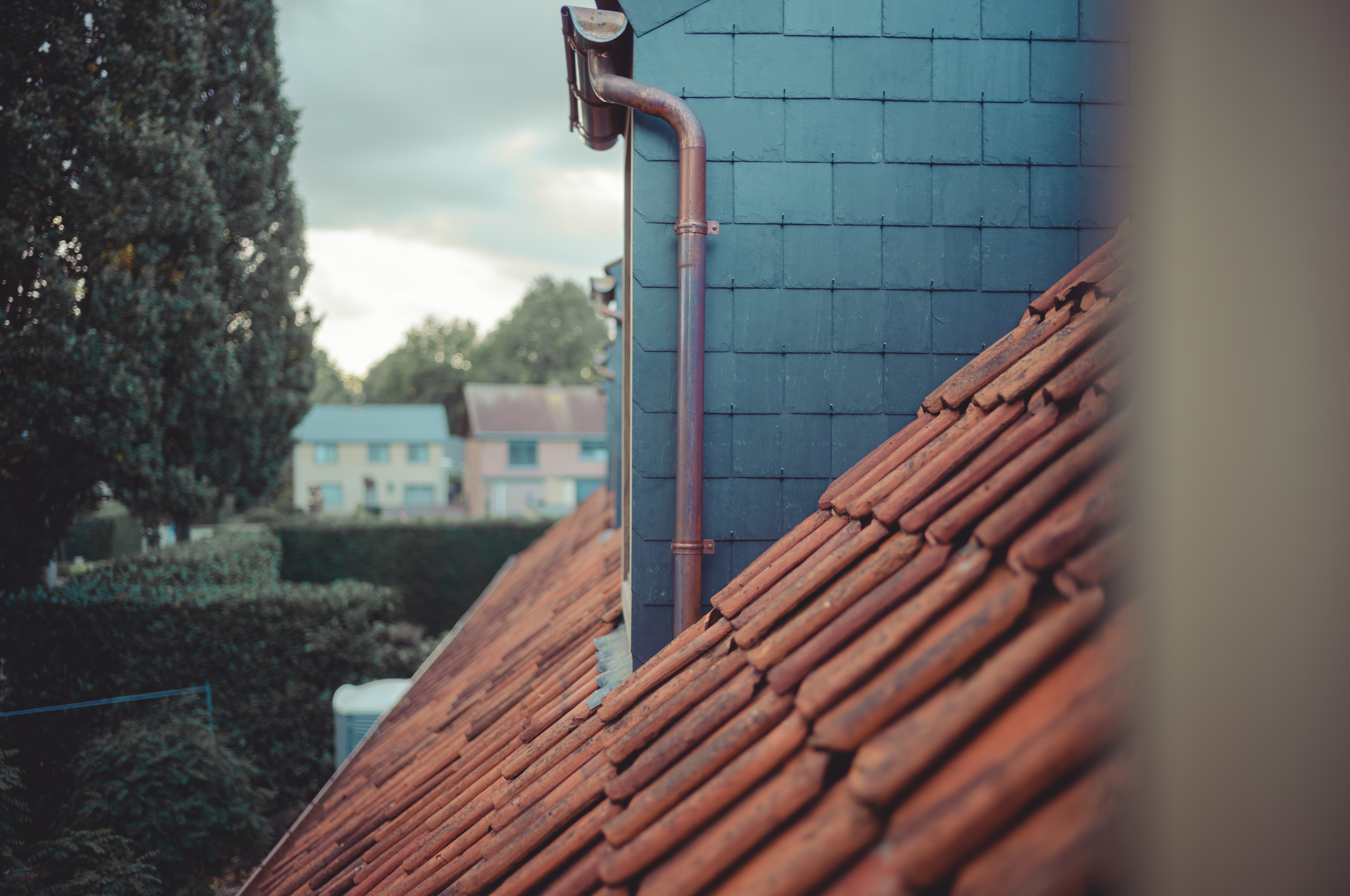 Close-up of a sloped red-tiled roof with a blue wall and copper drainpipe in the background.