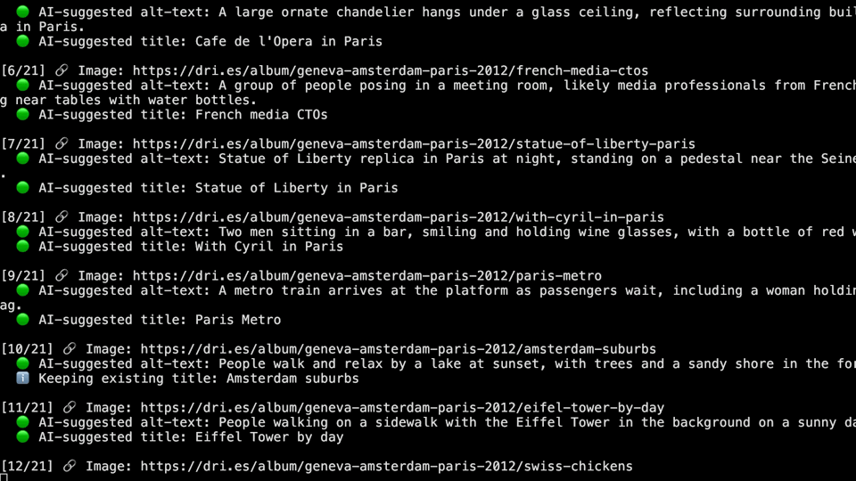 A terminal displays AI generating image descriptions, showing suggested title and alt-text for each photo that scrolls by.