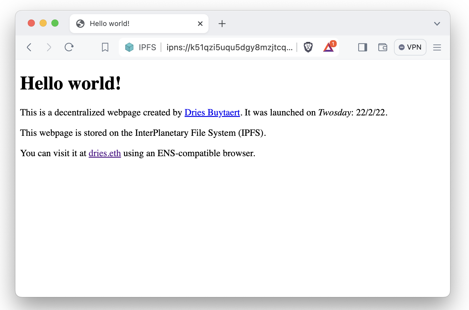 A browser window displaying a simple "Hello world!" webpage on IPNS.