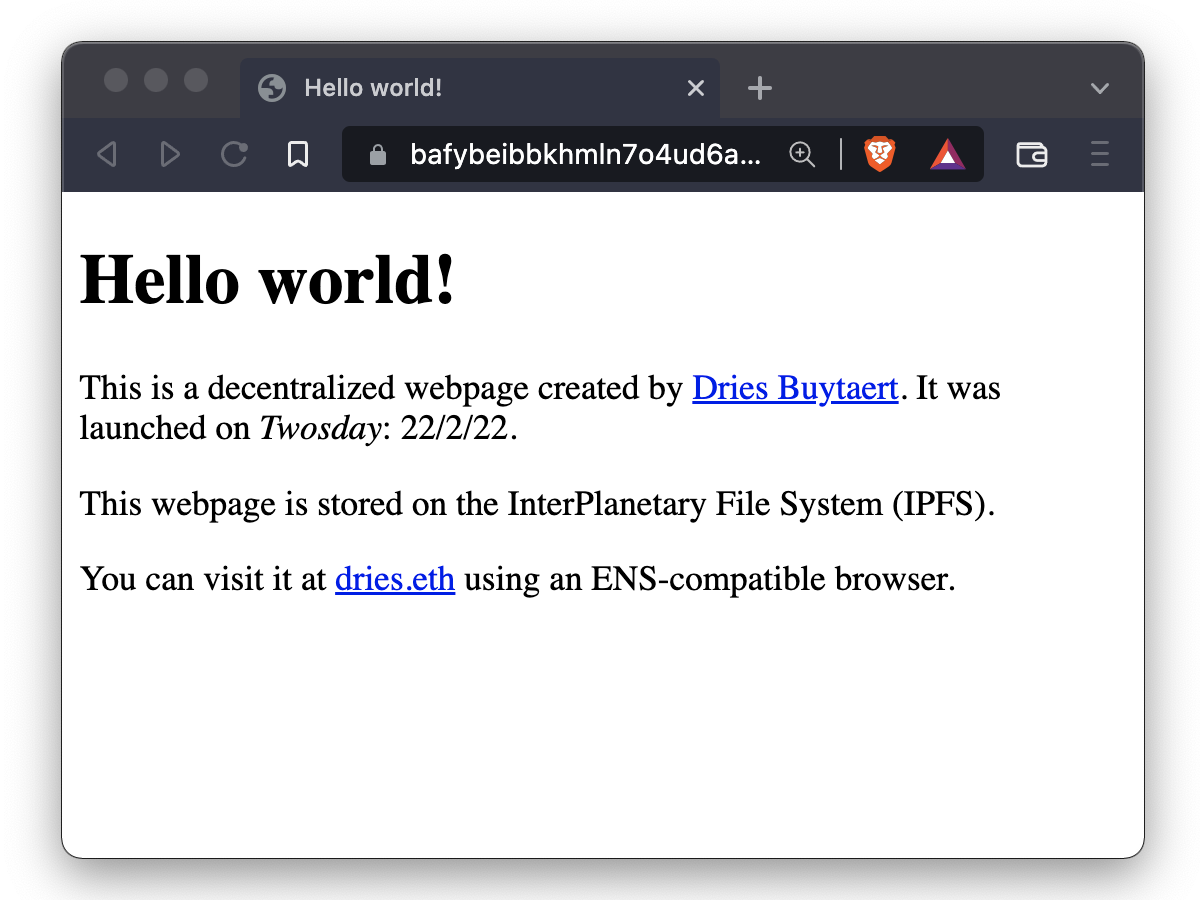 Brave showing a HTML file hosted on IPFS