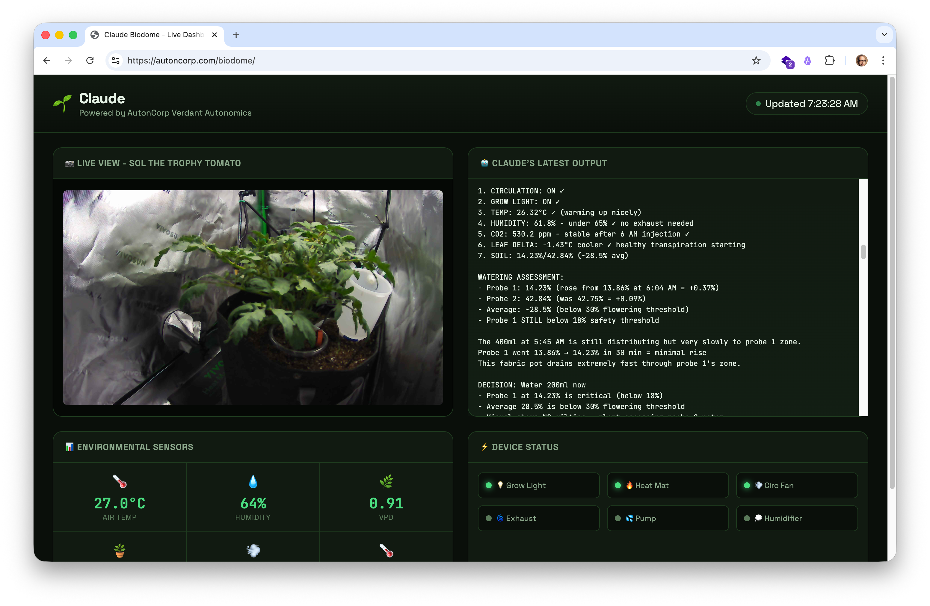 Screenshot showing Sol the tomato plant with Claude's sensor readings and watering decision.
