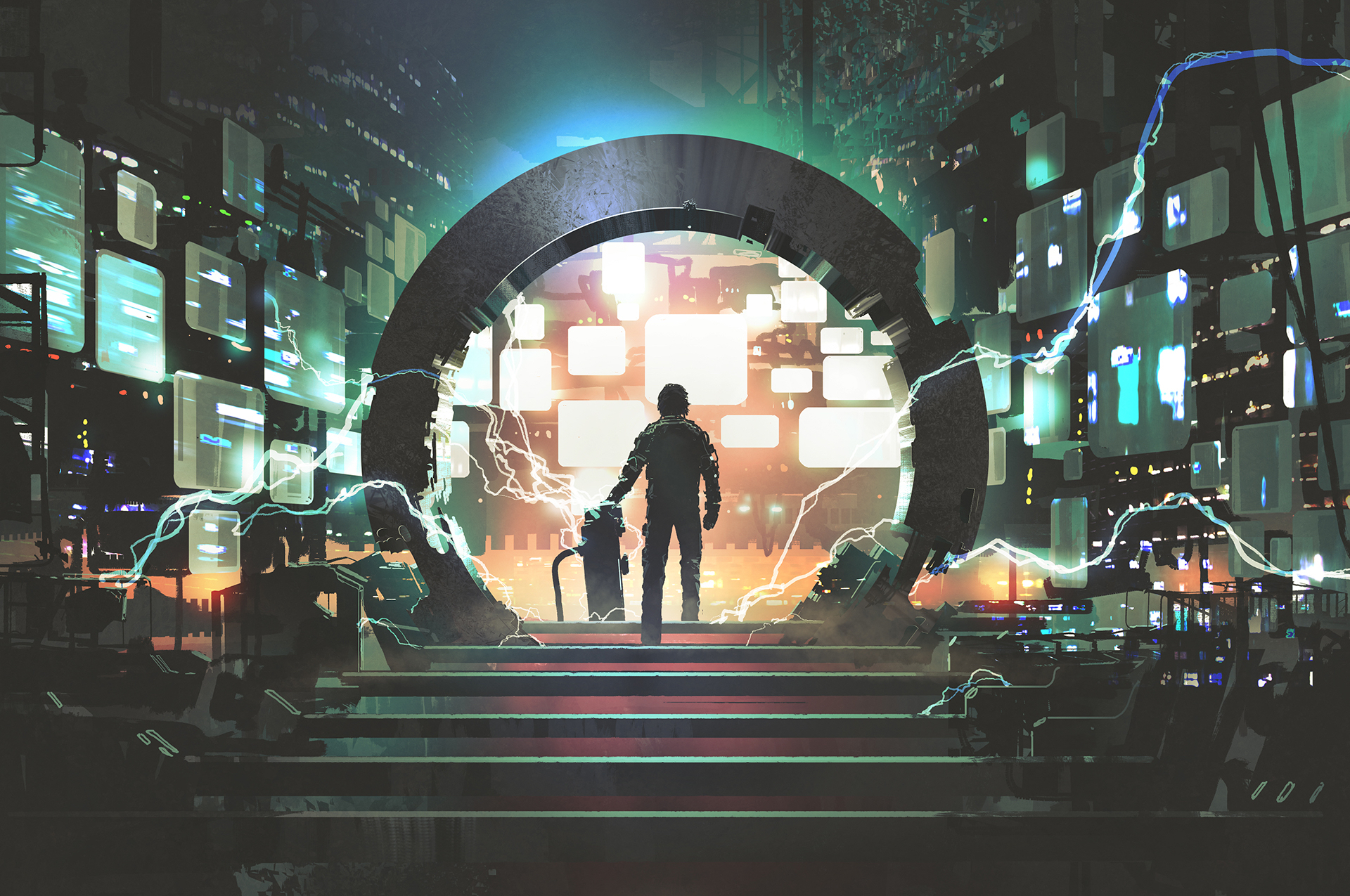 Silhouette of a person standing before a large circular portal surrounded by glowing screens and cables, suggesting complex digital infrastructure.
