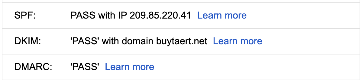 A screenshot of my email headers showing that SPF, DKIM, and DMARC all pass