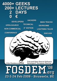 Poster for FOSDEM 2008, an open-source software conference in Brussels, featuring event details and a brain illustration.