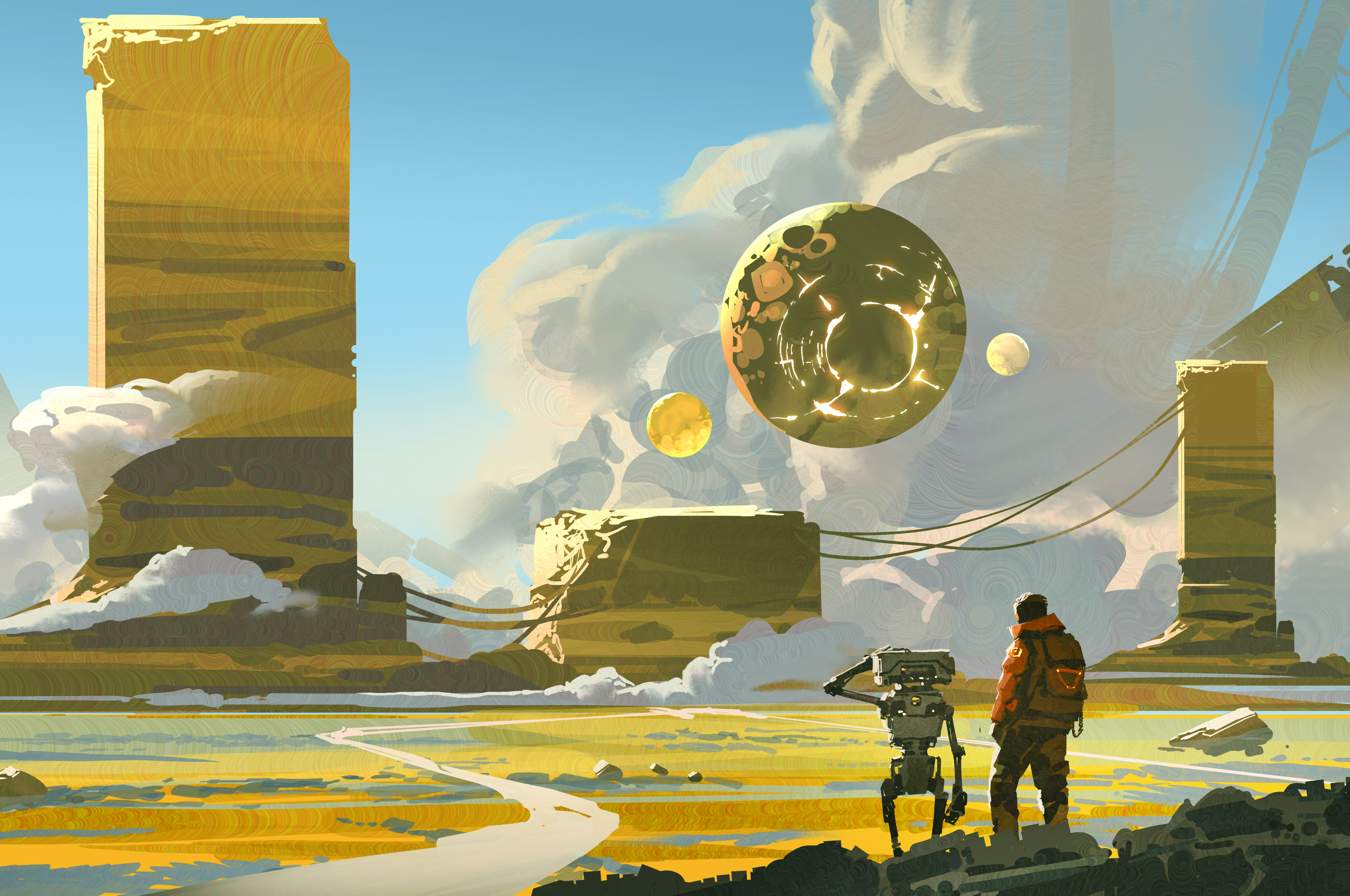 A person and a robot stand before a giant floating sphere in a futuristic industrial landscape.